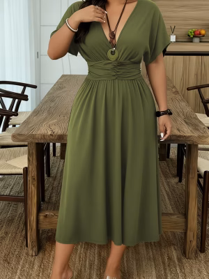 An Elegant Army Green Midi Dress for Plus Sizes, Captivating Featuring a Solid Color