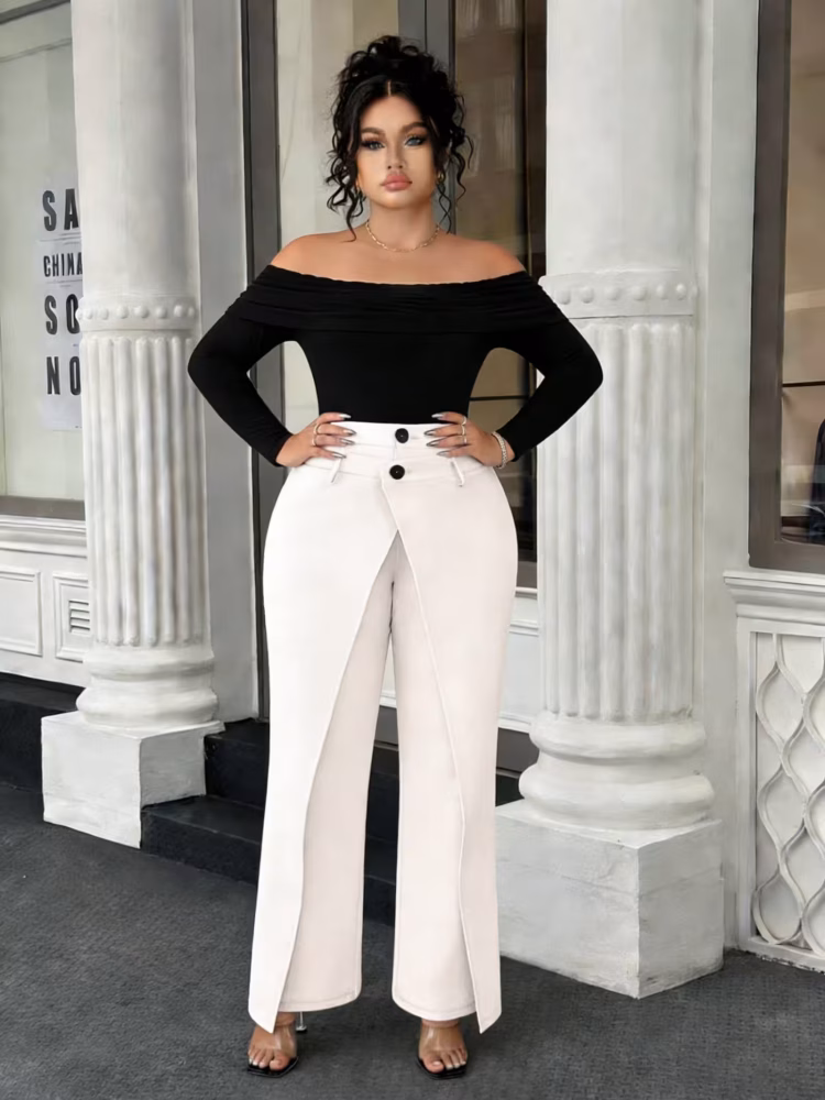 Elegant Top and Pants Outfit Alluring Black and White 2pcs Set Off-Shoulder