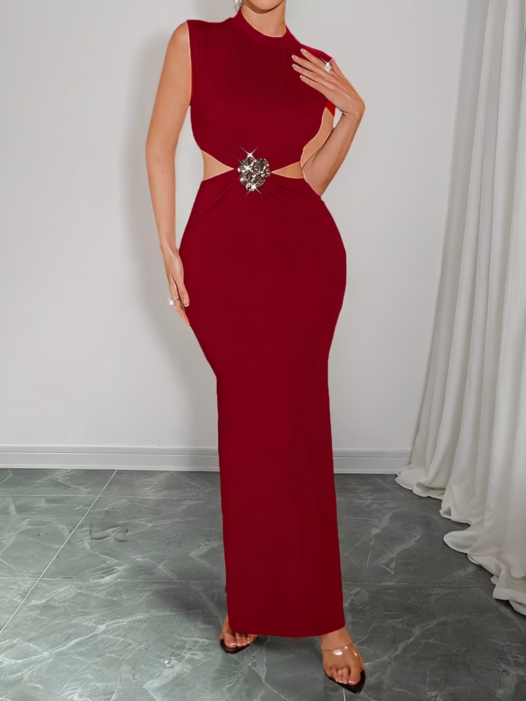 Elegant and Fashionable Maxi Dress New Adult Spring/summer Women’s Solid Color Round Neck Sleeveless Waist-revealing Decorative Buckle Hip-hugging Dress for Parties, Red Valentine’s Day Date Wedding Season Bridesmaid Dress, Long Party Dress, Elegant Date Dress
