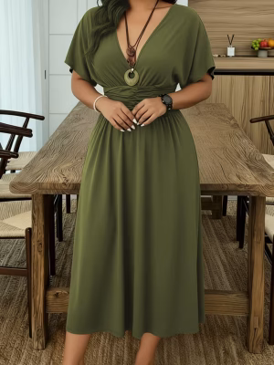 An Elegant Army Green Midi Dress for Plus Sizes, Captivating Featuring a Solid Color