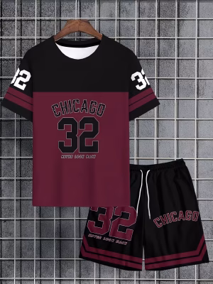 Men Chicago Casual T-Shirt and Shorts Crew Neck Short Sleeve and Shorts Set