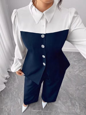 Plus‑Size Elegant Top and Pants Business Class 2-Piece Outfit