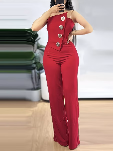 Red Strapless Elegant Jumpsuit with Metal Buckle, Fitted Waist