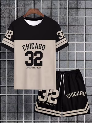 Men Chicago Casual T-Shirt and Shorts Crew Neck Short Sleeve and Shorts Set