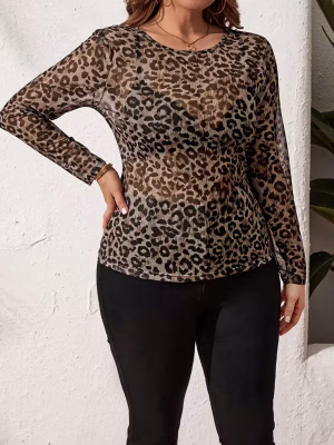 Leopard Print Semi Sheer Blouse Charming Women Shirt Plus Size Round Neck