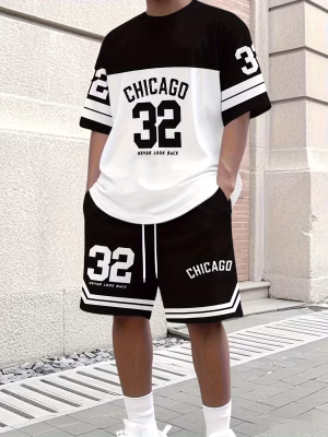 Men Chicago Casual T-Shirt and Shorts Crew Neck Short Sleeve and Shorts Set
