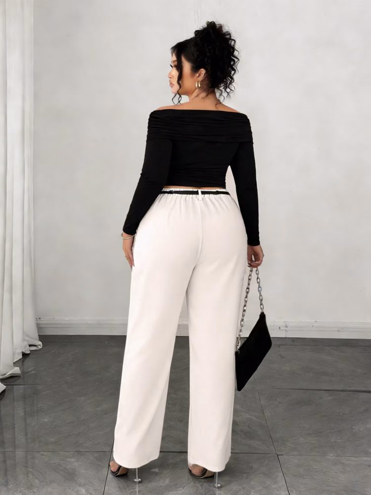 Elegant Top and Pants Outfit Alluring Black and White 2pcs Set Off-Shoulder