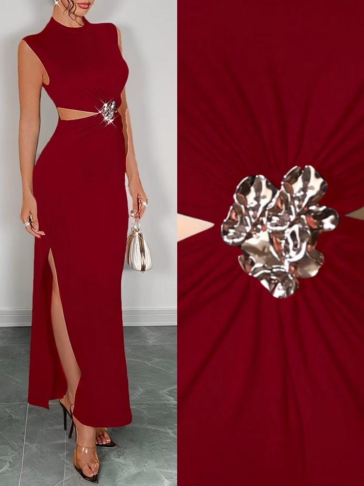 Elegant and Fashionable Maxi Dress New Adult Spring/summer Women’s Solid Color Round Neck Sleeveless Waist-revealing Decorative Buckle Hip-hugging Dress for Parties, Red Valentine’s Day Date Wedding Season Bridesmaid Dress, Long Party Dress, Elegant Date Dress