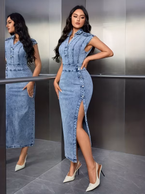Stylish Sleeveless Maxi Denim Dress Captivating Multi-Button