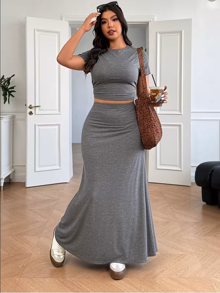 New Top and Skirt 2-Piece Women Comfortable Set, Featuring a Plus Size Soft and Comfortable Solid Color Short-Sleeve Top and a Bodycon Mermaid Skirt, Perfect for Spring and Summer