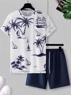 Hawaiian Print T-Shirt and Shorts Set of Two Casual Summer Outfits for Men