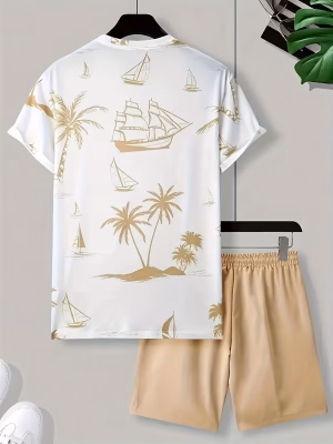 Hawaiian Print T-Shirt and Shorts Set of Two Casual Summer Outfits for Men