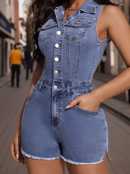 Blue Washed Denim Bodysuit Raw Hem Romper Shorts a Stylish