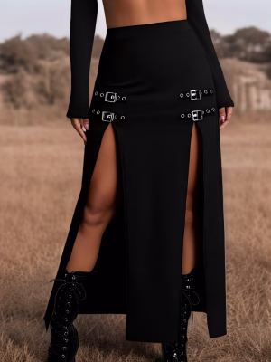 Gothic Maxi Slit Skirt with Charming High-Waisted Plus Size Elastic Waistband