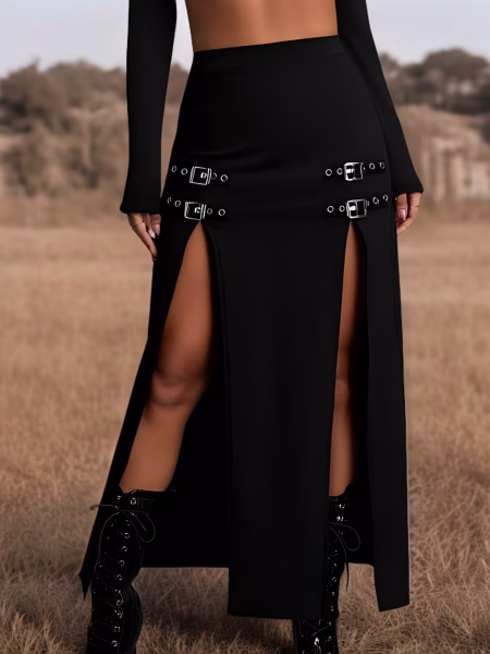 Gothic Maxi Slit Skirt with Charming High-Waisted Plus Size Elastic Waistband