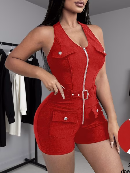 Women Premium Summer Wear Bodysuit with Belted and Full Zip up Front Opening, Breathable Seasonal Fabric, and Refined European Tailoring for a Streamlined, Elegant Fit