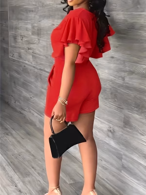 Casual Solid Color Curve Top and Shorts Charming Flowing V-Neck Short-Sleeve