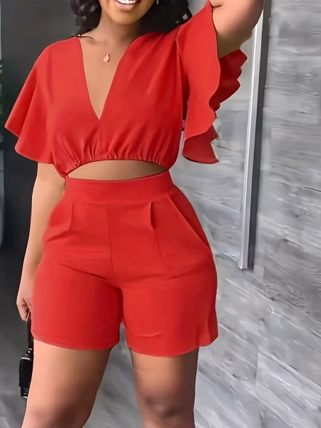 Casual Solid Color Curve Top and Shorts Charming Flowing V-Neck Short-Sleeve