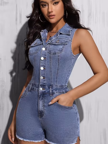 Blue Washed Denim Bodysuit Raw Hem Romper Shorts a Stylish - Blue, S