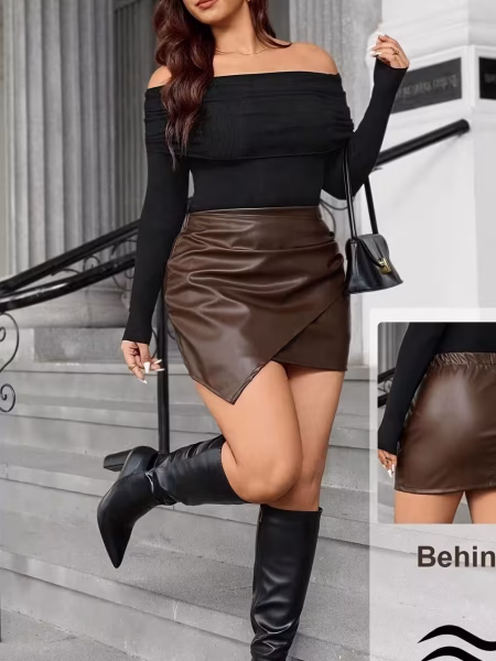 Elegant Plus Size Women Mini Skirt Captivating Asymmetrical Pleated Plus Size - Brown, XL