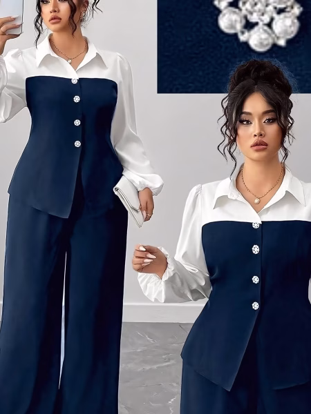 Plus‑Size Elegant Top and Pants Business Class 2-Piece Outfit - Navy Blue, XL