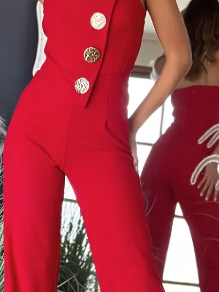 Red Strapless Elegant Jumpsuit with Metal Buckle, Fitted Waist - Red, S