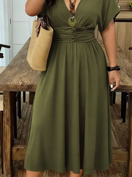 An Elegant Army Green Midi Dress for Plus Sizes, Captivating Featuring a Solid Color - Army Green, XL