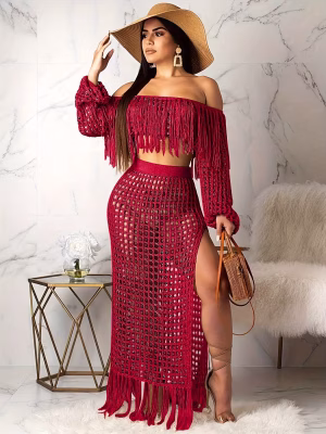 Command Attention 2-Piece Set in This Summer Hollow Mesh Tassel 2-Piece Set Seductive See-Through Design, Bold Feminine Energy and Head-Turning Glamour