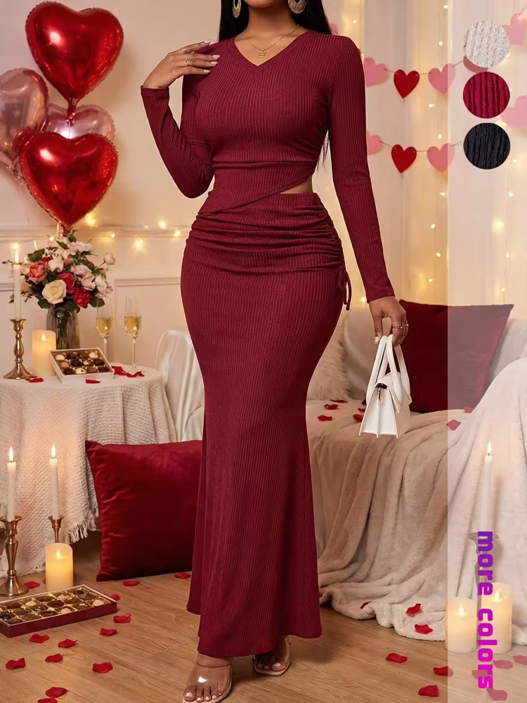 V-Neck Top and Maxi -Length Skirt Women 2pcs Set Long Sleeve Waist Cinching Side Tie Skirt