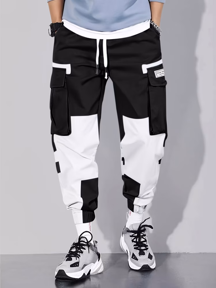 Multi-Pocket Men Cargo Pants Design Men Casual Mid-Waist Joggers with Color Block Patchwork, Comfortable Drawstring Polyester Pants for City Walks and Outdoor Activities, 100% Polyester, 155g/m² Woven Fabric