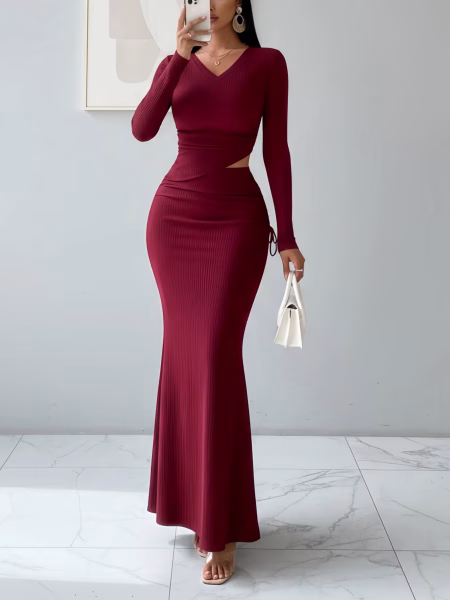 V-Neck Top and Maxi -Length Skirt Women 2pcs Set Long Sleeve Waist Cinching Side Tie Skirt