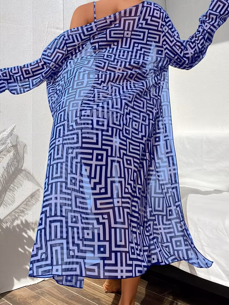 Three-Piece Set Turn Heads in This Stunning Bikini Set Blue Striped Flattering Silhouette, Confident Beach Glam & Effortless Seaside Elegance