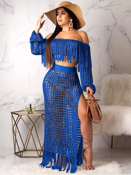 Command Attention 2-Piece Set in This Summer Hollow Mesh Tassel 2-Piece Set Seductive See-Through Design, Bold Feminine Energy and Head-Turning Glamour