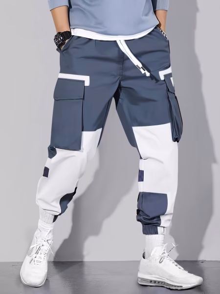 Multi-Pocket Men Cargo Pants Design Men Casual Mid-Waist Joggers with Color Block Patchwork, Comfortable Drawstring Polyester Pants for City Walks and Outdoor Activities, 100% Polyester, 155g/m² Woven Fabric