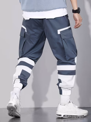 Multi-Pocket Men Cargo Pants Design Men Casual Mid-Waist Joggers with Color Block Patchwork, Comfortable Drawstring Polyester Pants for City Walks and Outdoor Activities, 100% Polyester, 155g/m² Woven Fabric