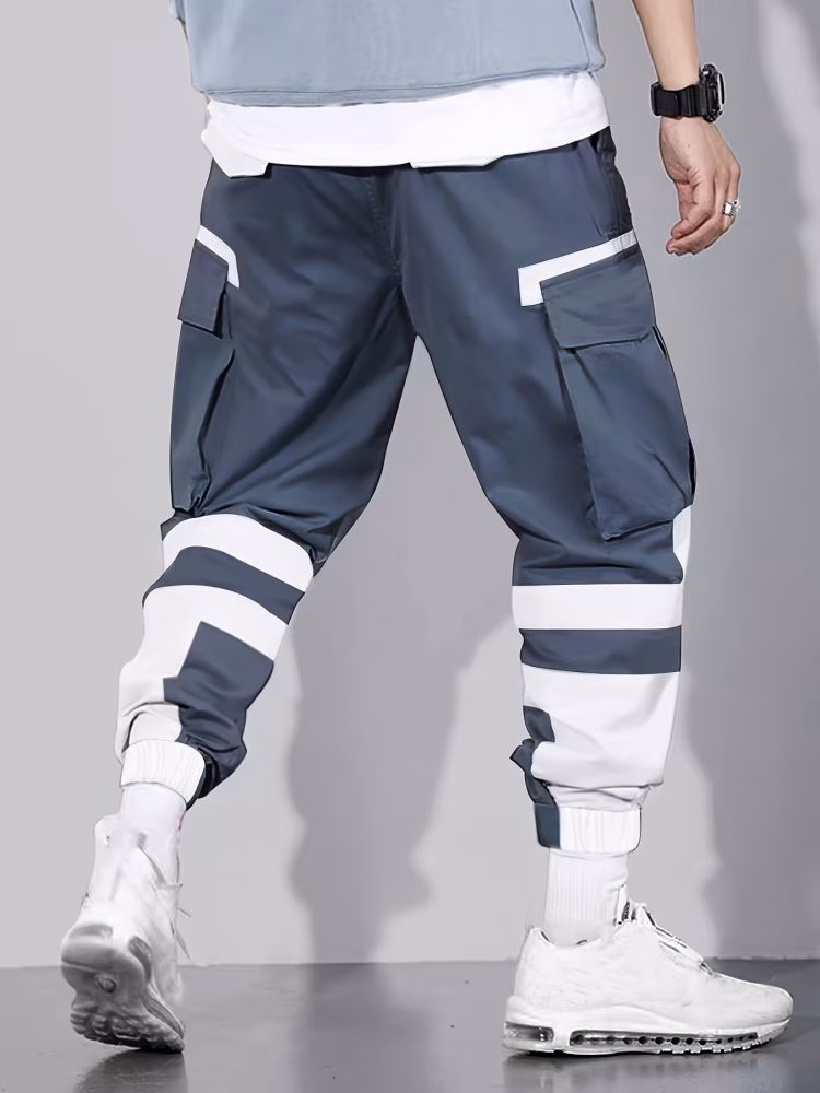 Multi-Pocket Men Cargo Pants Design Men Casual Mid-Waist Joggers with Color Block Patchwork, Comfortable Drawstring Polyester Pants for City Walks and Outdoor Activities, 100% Polyester, 155g/m² Woven Fabric
