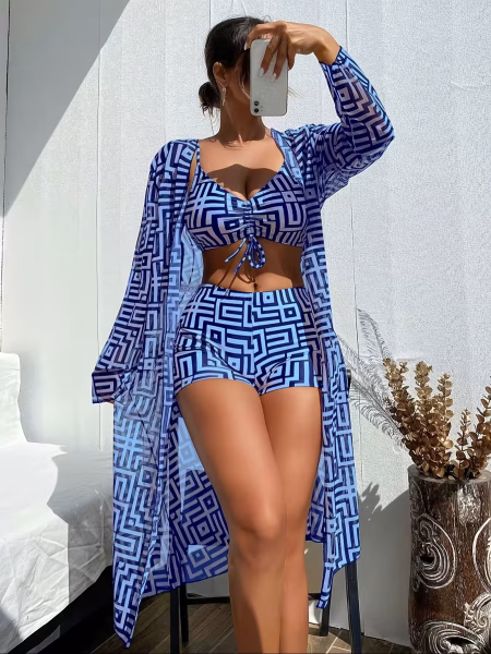 Three-Piece Set Turn Heads in This Stunning Bikini Set Blue Striped Flattering Silhouette, Confident Beach Glam & Effortless Seaside Elegance
