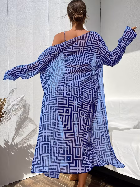 Three-Piece Set Turn Heads in This Stunning Bikini Set Blue Striped Flattering Silhouette, Confident Beach Glam & Effortless Seaside Elegance