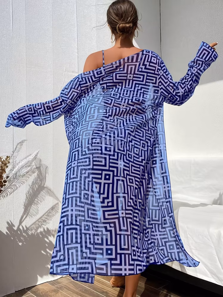 Three-Piece Set Turn Heads in This Stunning Bikini Set Blue Striped Flattering Silhouette, Confident Beach Glam & Effortless Seaside Elegance