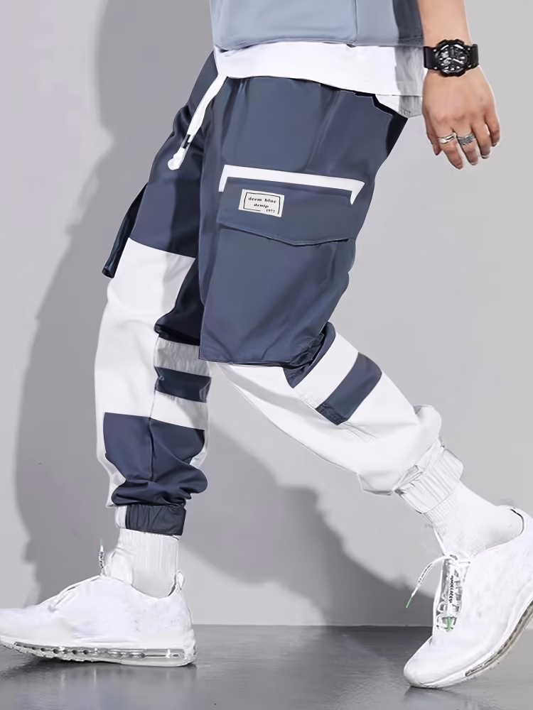 Multi-Pocket Men Cargo Pants Design Men Casual Mid-Waist Joggers with Color Block Patchwork, Comfortable Drawstring Polyester Pants for City Walks and Outdoor Activities, 100% Polyester, 155g/m² Woven Fabric