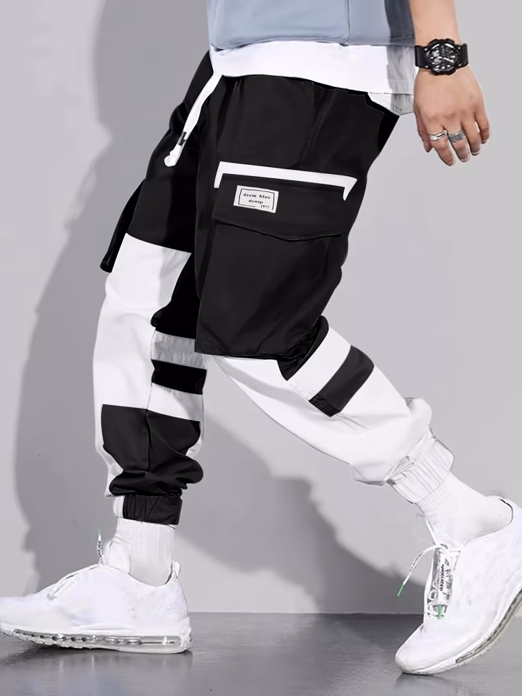 Multi-Pocket Men Cargo Pants Design Men Casual Mid-Waist Joggers with Color Block Patchwork, Comfortable Drawstring Polyester Pants for City Walks and Outdoor Activities, 100% Polyester, 155g/m² Woven Fabric