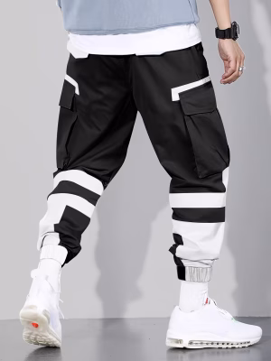 Multi-Pocket Men Cargo Pants Design Men Casual Mid-Waist Joggers with Color Block Patchwork, Comfortable Drawstring Polyester Pants for City Walks and Outdoor Activities, 100% Polyester, 155g/m² Woven Fabric