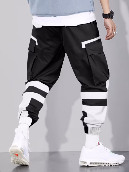 Multi-Pocket Men Cargo Pants Design Men Casual Mid-Waist Joggers with Color Block Patchwork, Comfortable Drawstring Polyester Pants for City Walks and Outdoor Activities, 100% Polyester, 155g/m² Woven Fabric