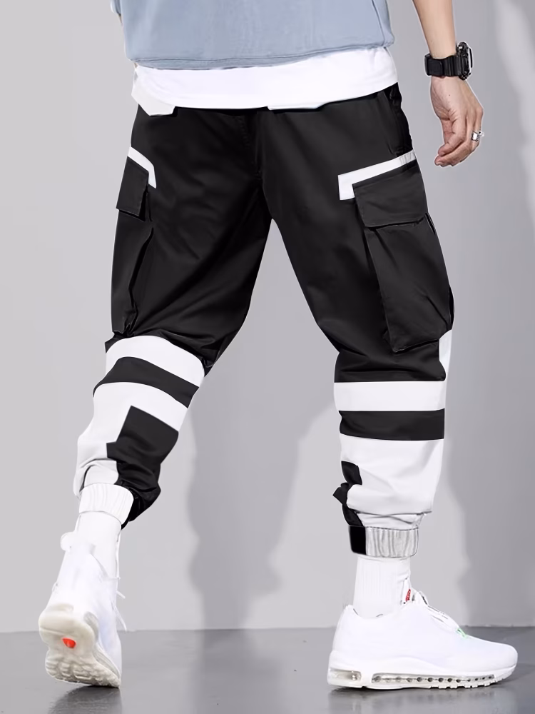 Multi-Pocket Men Cargo Pants Design Men Casual Mid-Waist Joggers with Color Block Patchwork, Comfortable Drawstring Polyester Pants for City Walks and Outdoor Activities, 100% Polyester, 155g/m² Woven Fabric