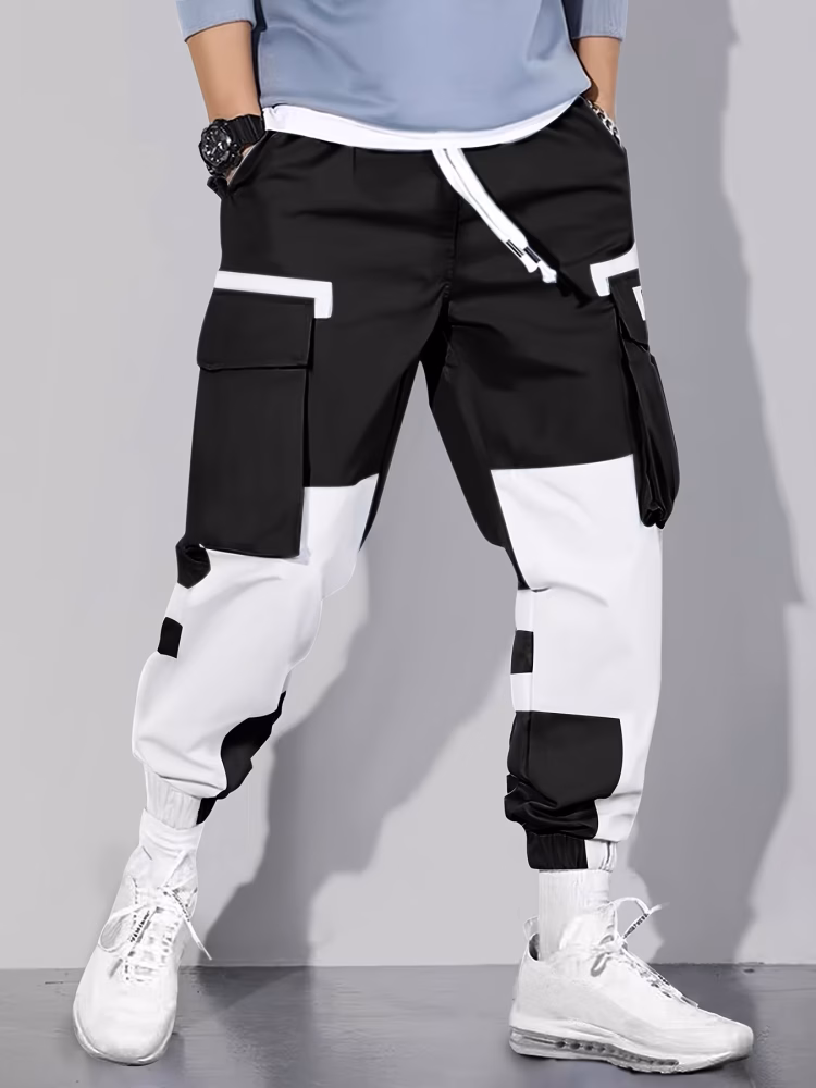 Multi-Pocket Men Cargo Pants Design Men Casual Mid-Waist Joggers with Color Block Patchwork, Comfortable Drawstring Polyester Pants for City Walks and Outdoor Activities, 100% Polyester, 155g/m² Woven Fabric
