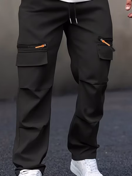 Men Casual Cargo Pants and Fashionable Multi-pocket Workwear Trousers - Black, XS