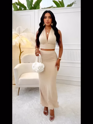 Elegant Set V-Neck Halter Top and Skirt 2pcs Set