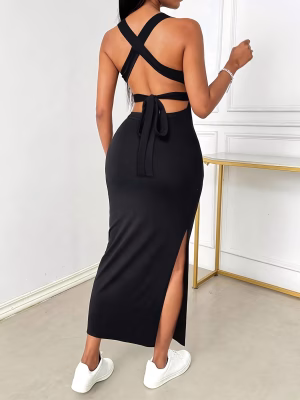 Backless Cross-Strap Bodycon Maxi Dress — Red