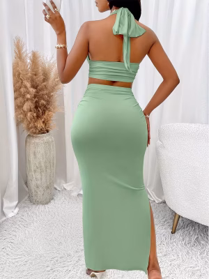 Elegant Set V-Neck Halter Top and Skirt 2pcs Set