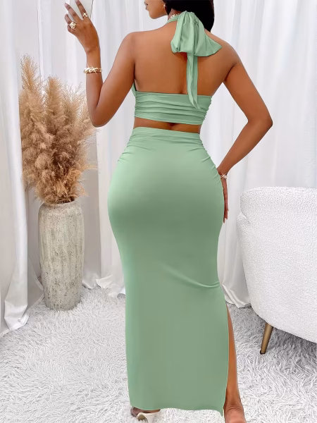 Elegant Set V-Neck Halter Top and Skirt 2pcs Set